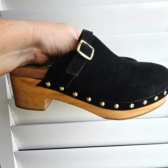 Skechers Memory Foam Sabo Sandals Black Suede Wooden Clogs Mules Size 7 - Picture 2 of 8